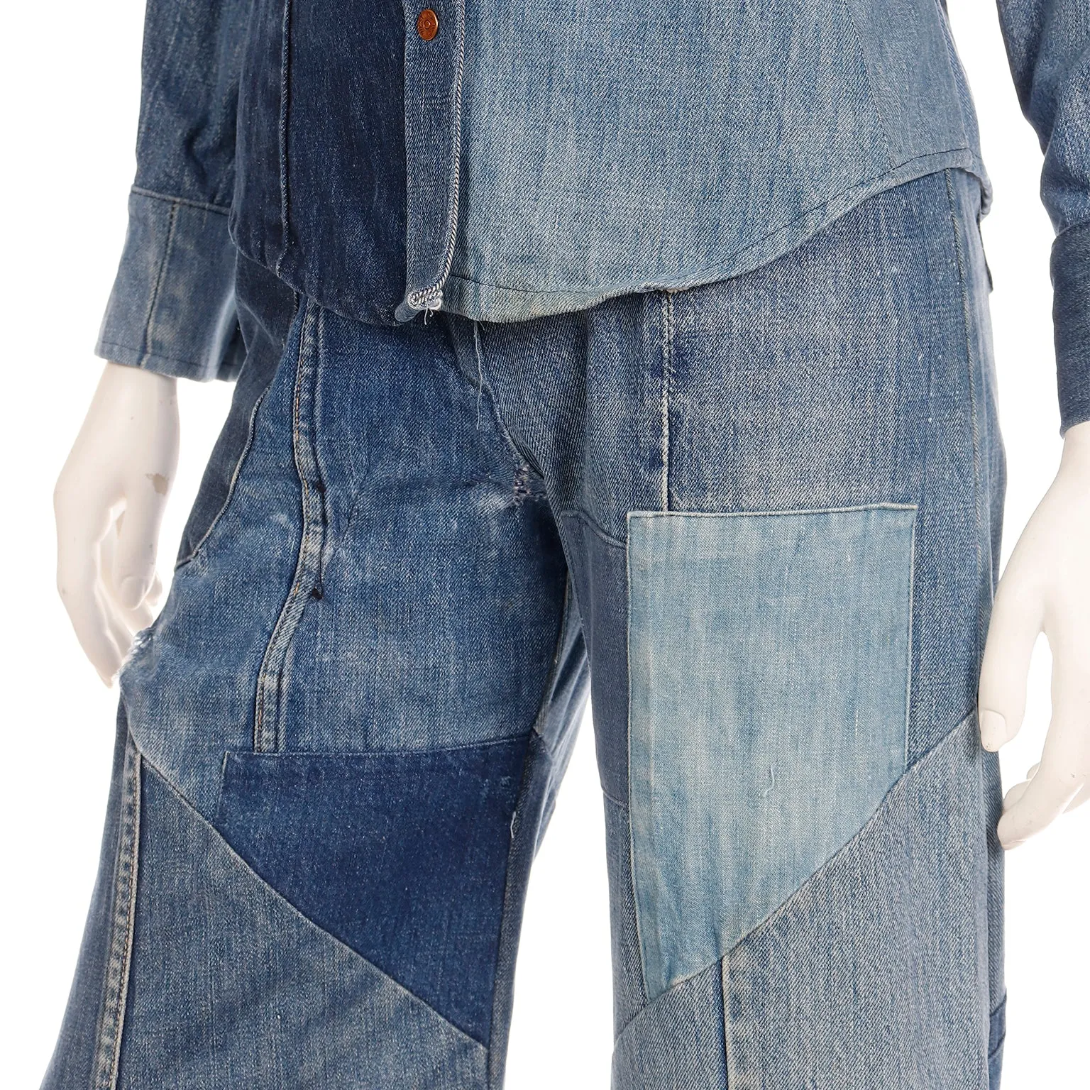 1970s Vintage Simis Multi Wash Patchwork Denim Jeans & Shirt Outfit