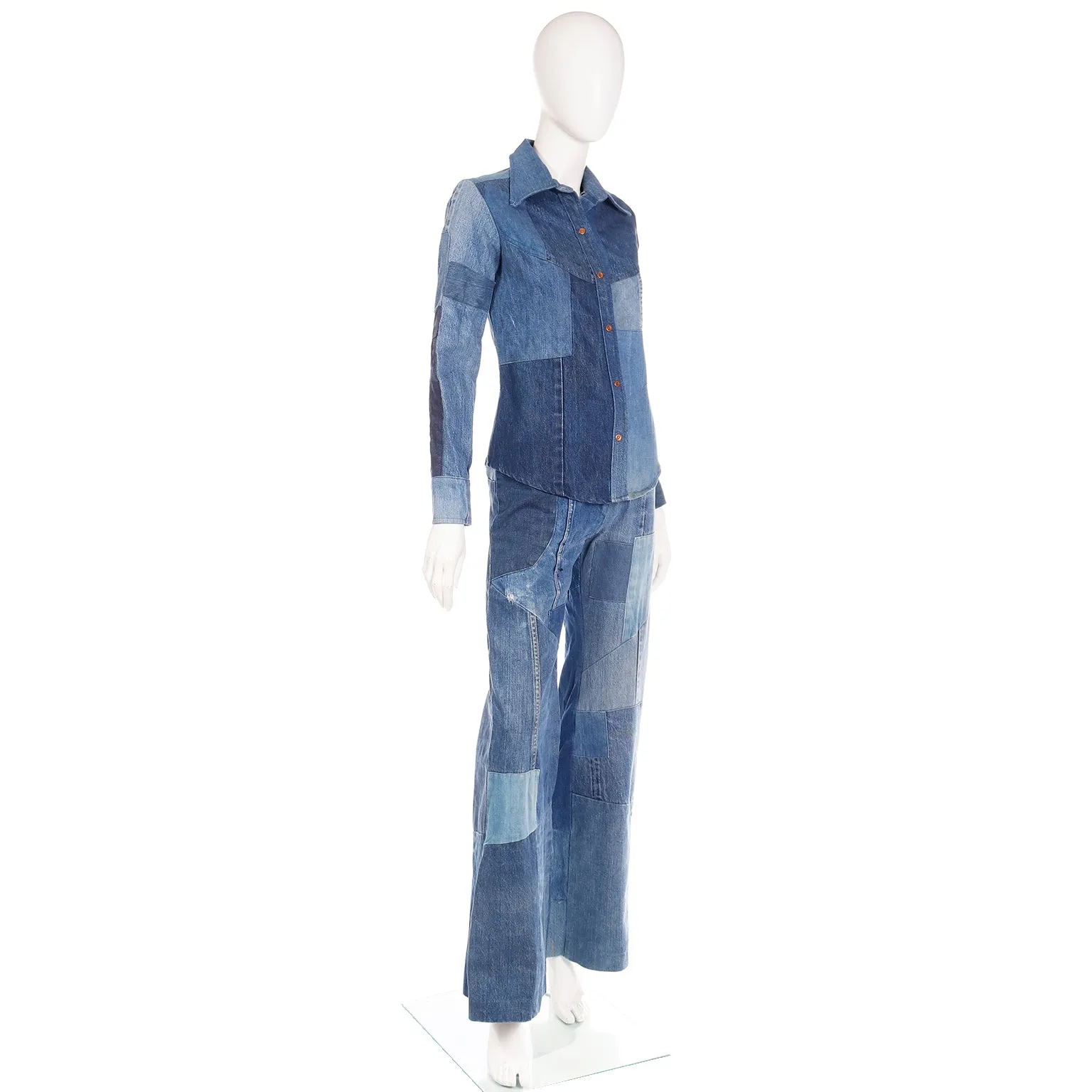 1970s Vintage Simis Multi Wash Patchwork Denim Jeans & Shirt Outfit