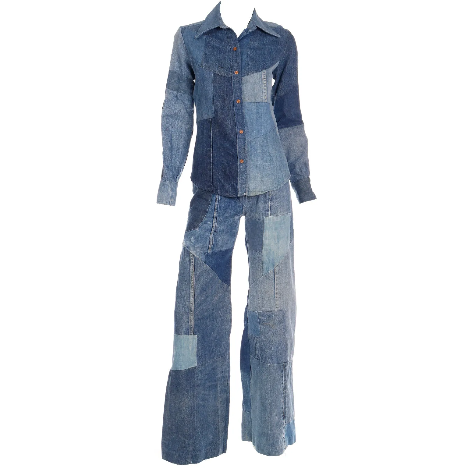 1970s Vintage Simis Multi Wash Patchwork Denim Jeans & Shirt Outfit