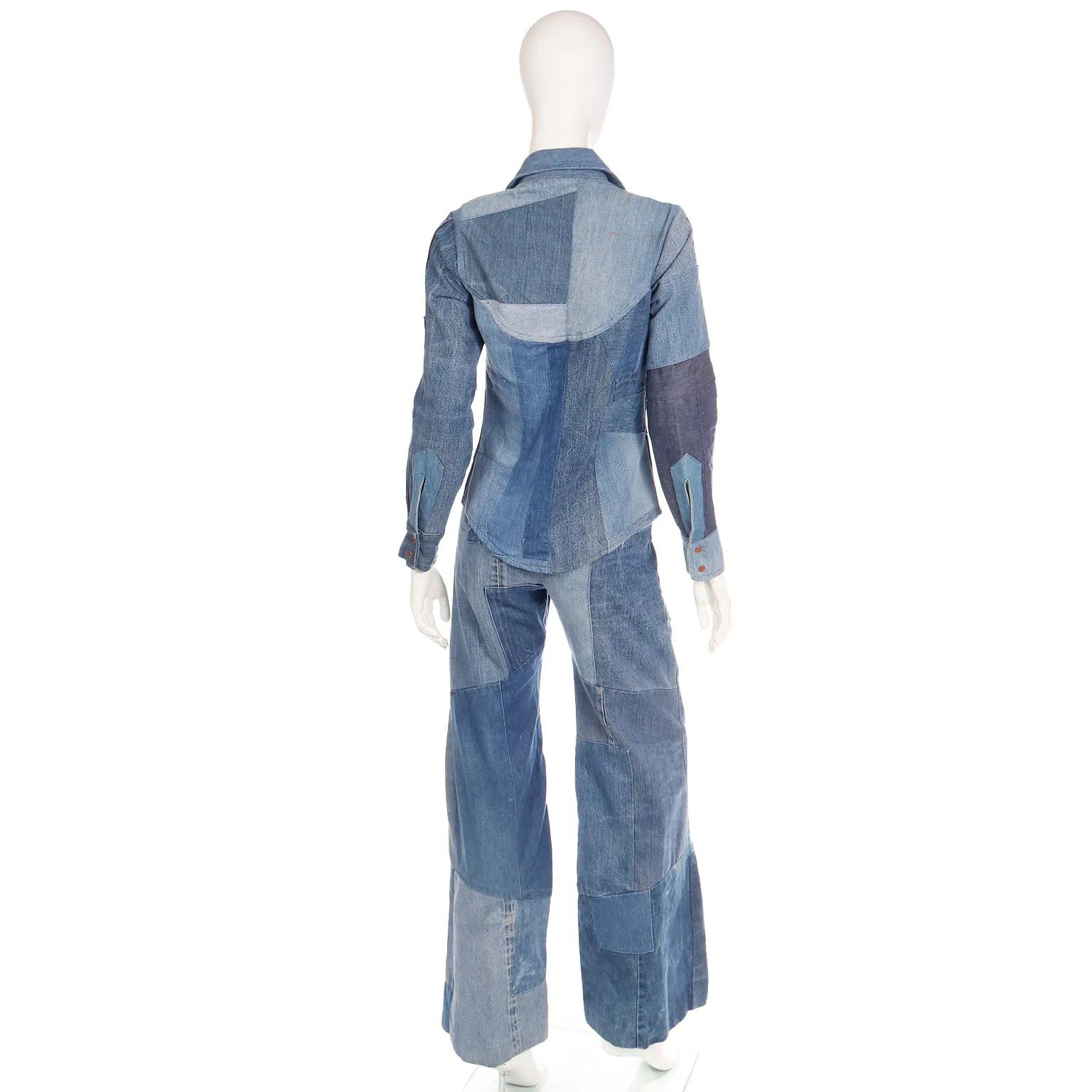 1970s Vintage Simis Multi Wash Patchwork Denim Jeans & Shirt Outfit