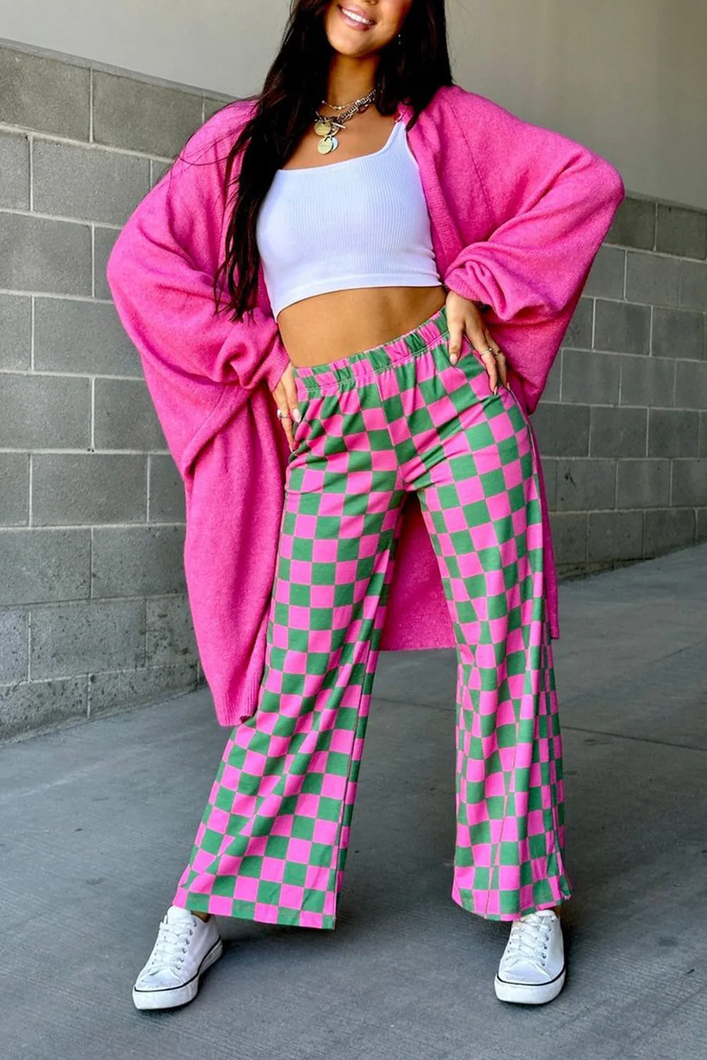 2-Tone Checked Print High Waist Wide Leg Pants