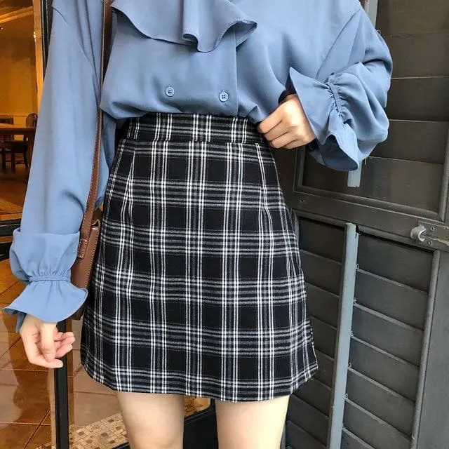 A-Line High Waist Skirt with Plaid Pattern