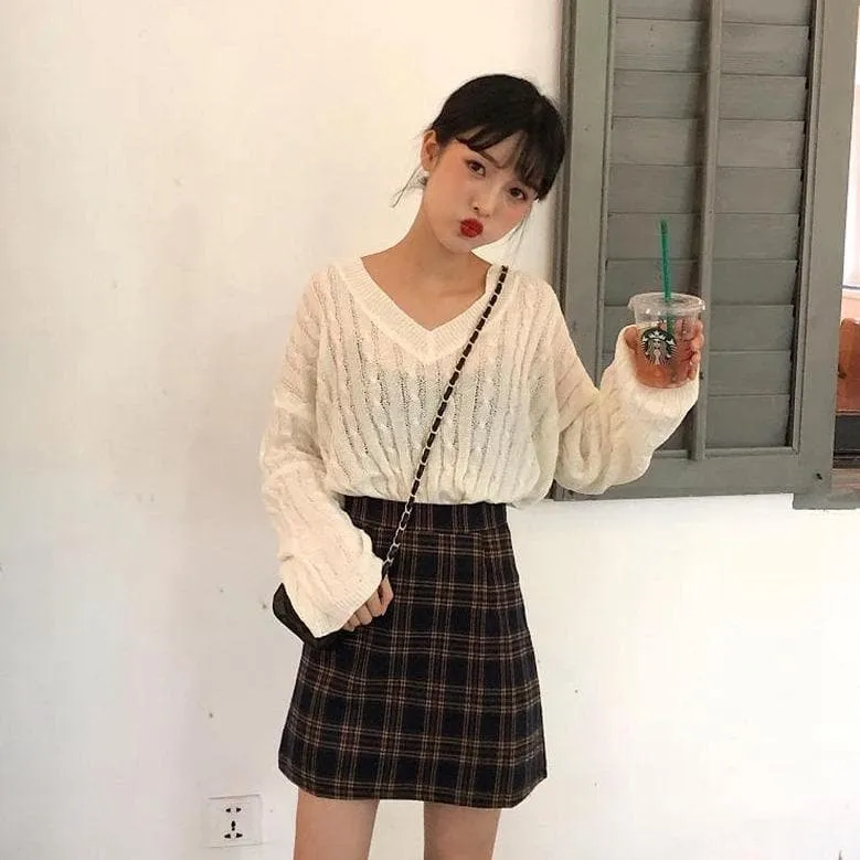 A-Line High Waist Skirt with Plaid Pattern