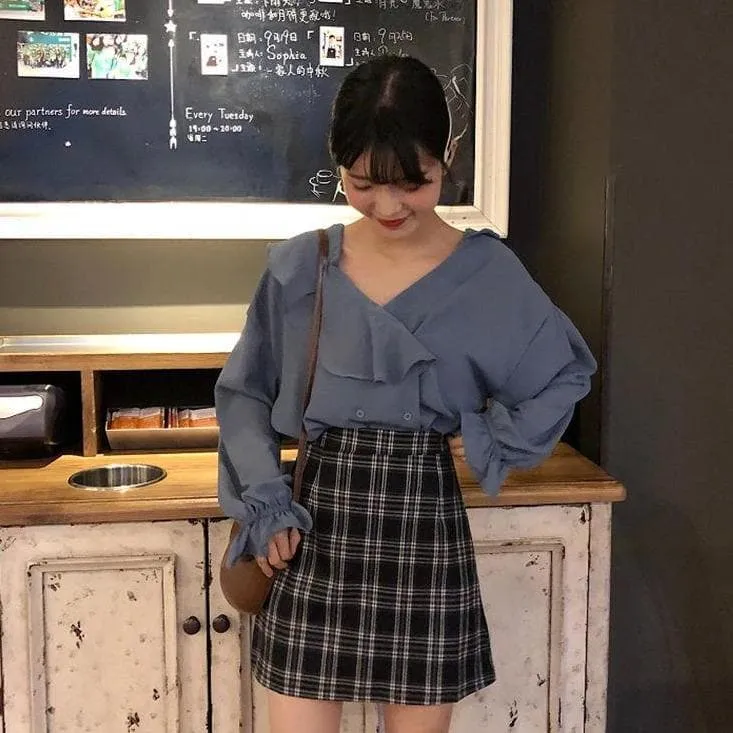 A-Line High Waist Skirt with Plaid Pattern