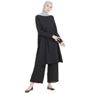 Abaci Solid Laced Tunic & Pant Set 13206 Black