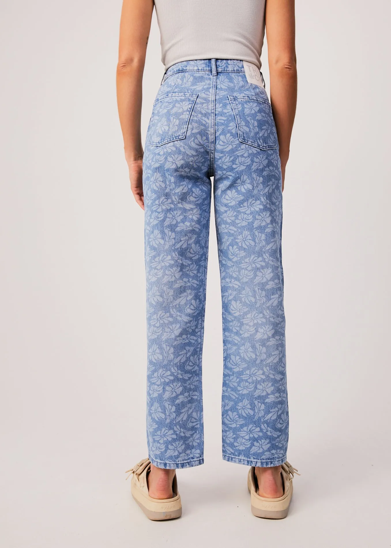 AFENDS Womens Shelby Long - Denim Floral Wide Leg Jeans - Floral Blue