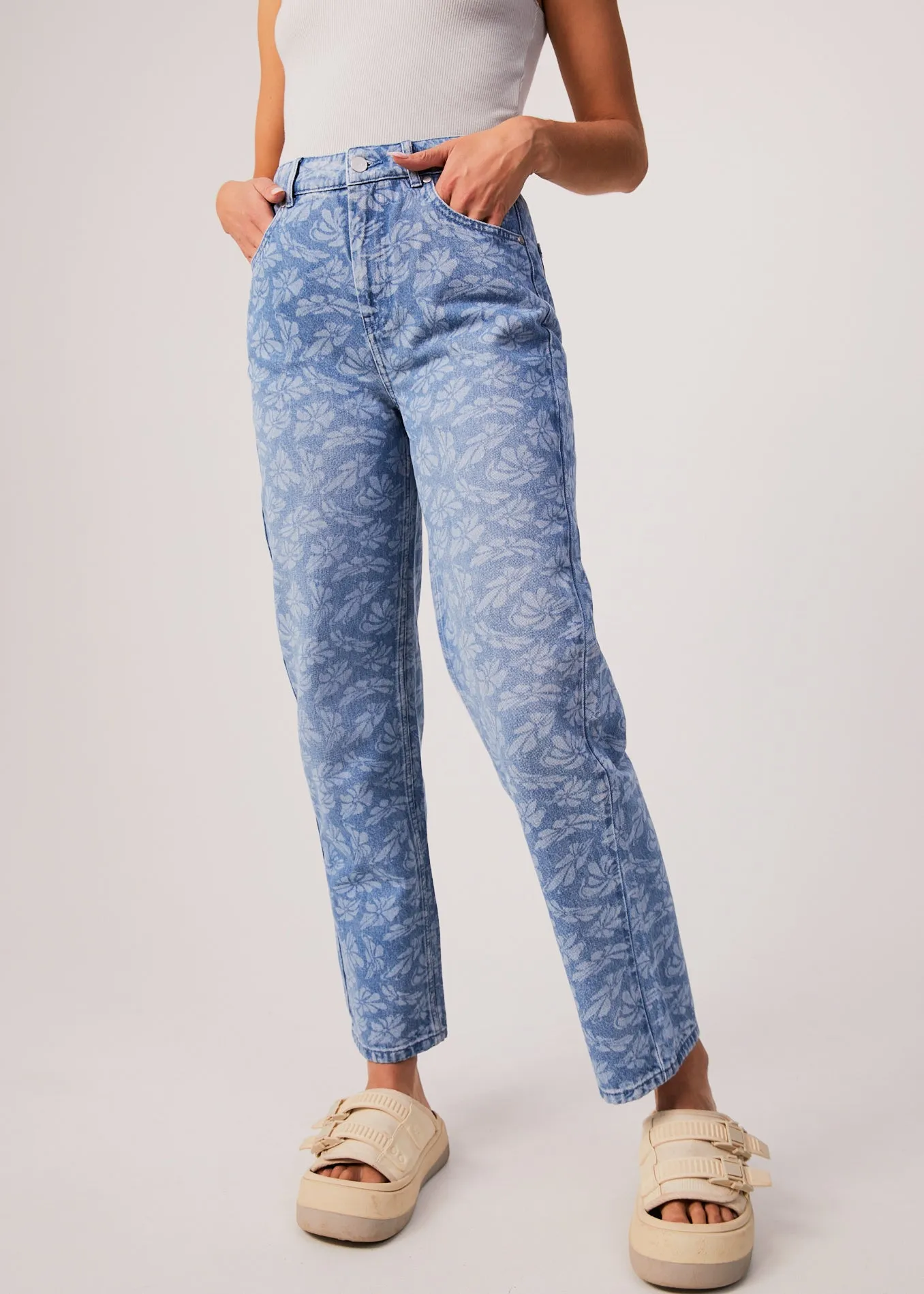 AFENDS Womens Shelby Long - Denim Floral Wide Leg Jeans - Floral Blue