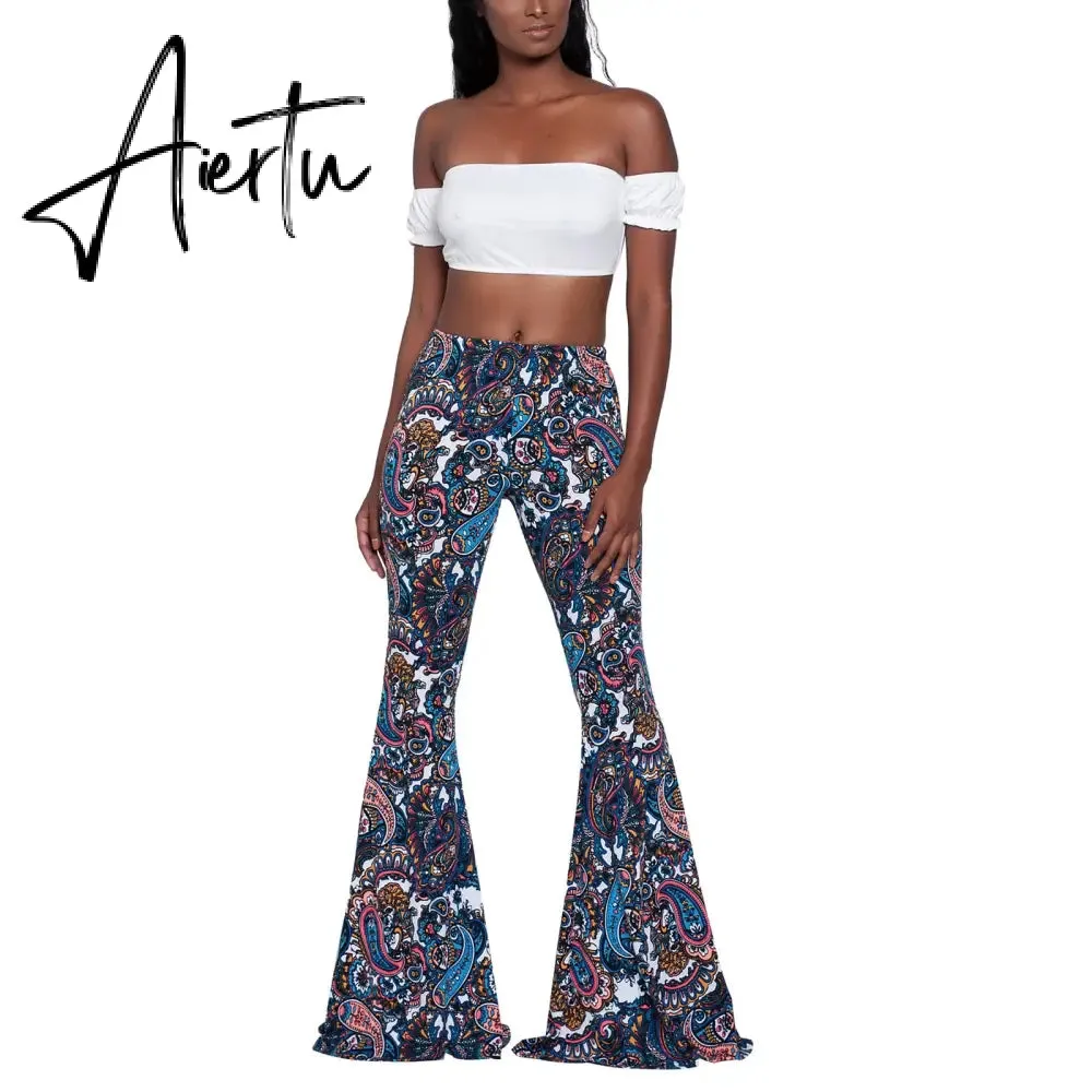 Aiertu Summer New Women High-Waist Stretch-Print Trousers Wide-Leg Loose-Fitting Trousers Sexy Flared Pants Bottom Casual Leggings