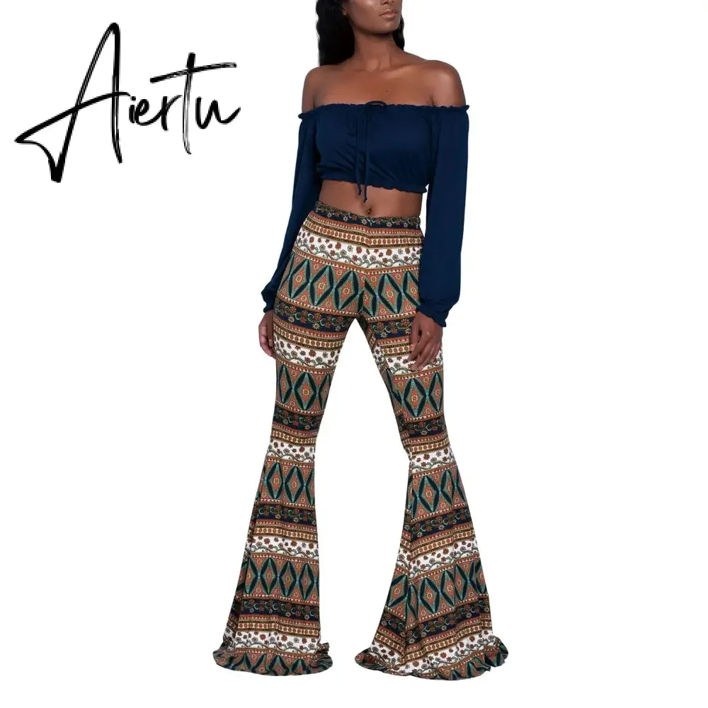 Aiertu Summer New Women High-Waist Stretch-Print Trousers Wide-Leg Loose-Fitting Trousers Sexy Flared Pants Bottom Casual Leggings