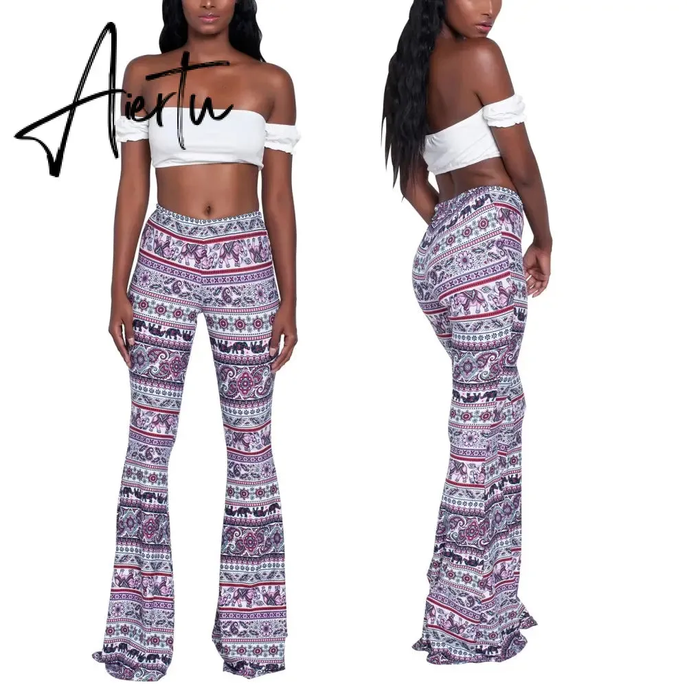 Aiertu Summer New Women High-Waist Stretch-Print Trousers Wide-Leg Loose-Fitting Trousers Sexy Flared Pants Bottom Casual Leggings