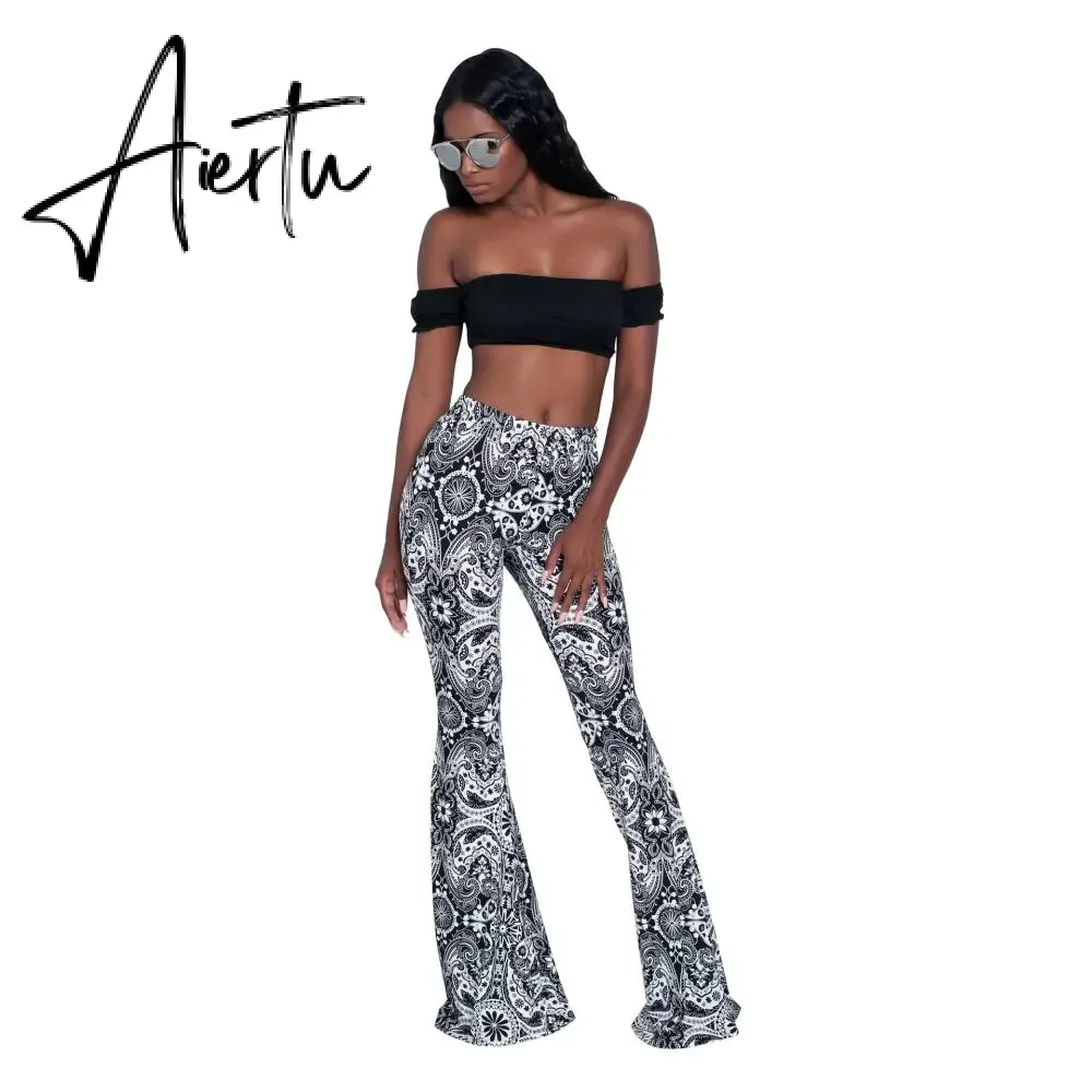 Aiertu Summer New Women High-Waist Stretch-Print Trousers Wide-Leg Loose-Fitting Trousers Sexy Flared Pants Bottom Casual Leggings