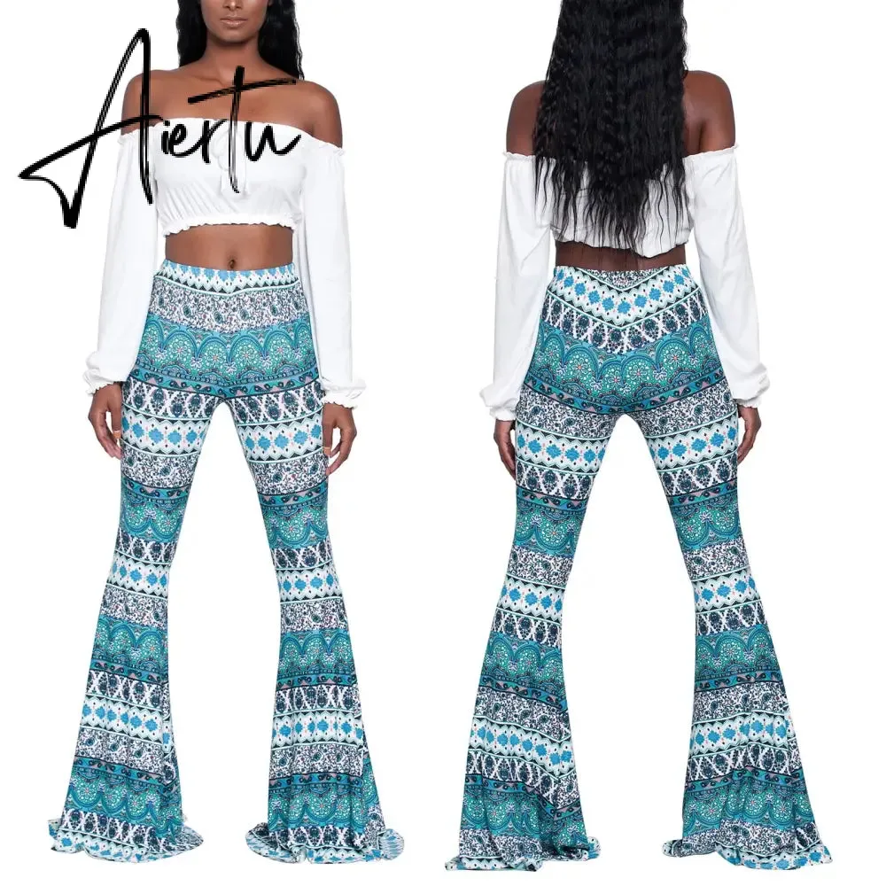 Aiertu Summer New Women High-Waist Stretch-Print Trousers Wide-Leg Loose-Fitting Trousers Sexy Flared Pants Bottom Casual Leggings