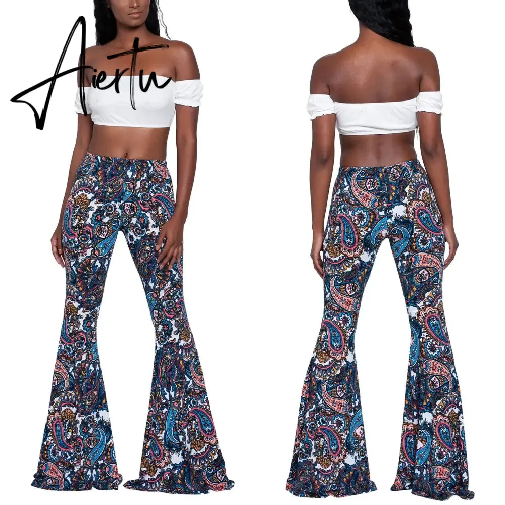 Aiertu Summer New Women High-Waist Stretch-Print Trousers Wide-Leg Loose-Fitting Trousers Sexy Flared Pants Bottom Casual Leggings