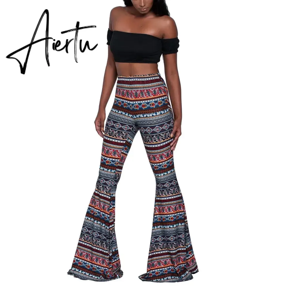 Aiertu Summer New Women High-Waist Stretch-Print Trousers Wide-Leg Loose-Fitting Trousers Sexy Flared Pants Bottom Casual Leggings