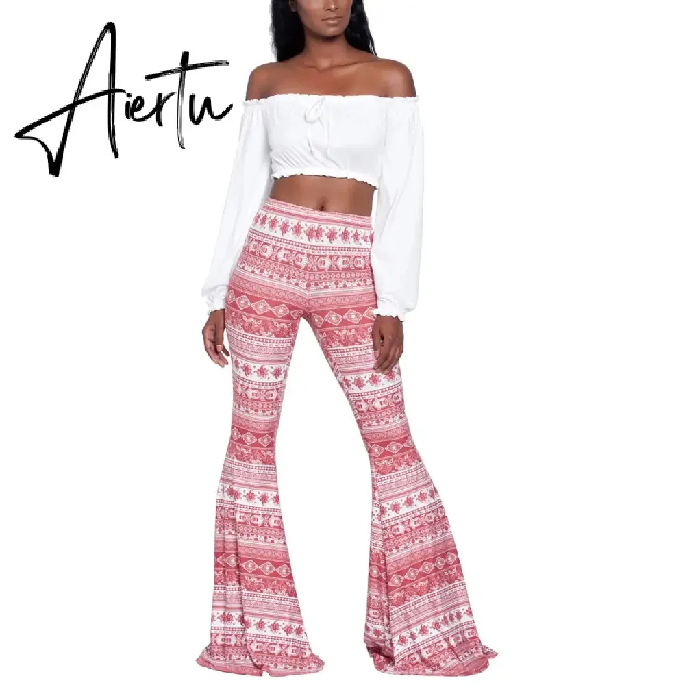 Aiertu Summer New Women High-Waist Stretch-Print Trousers Wide-Leg Loose-Fitting Trousers Sexy Flared Pants Bottom Casual Leggings