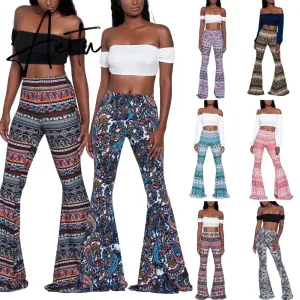 Aiertu Summer New Women High-Waist Stretch-Print Trousers Wide-Leg Loose-Fitting Trousers Sexy Flared Pants Bottom Casual Leggings