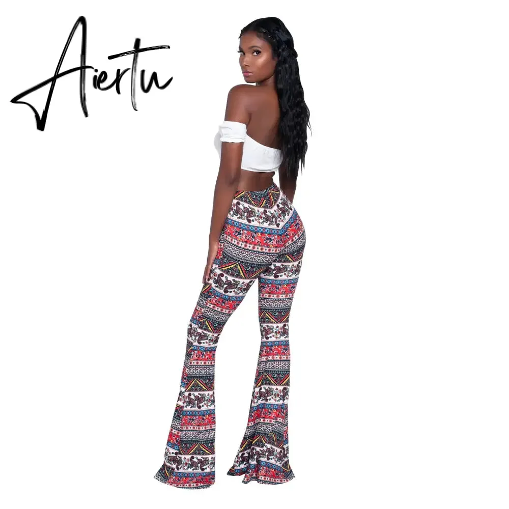 Aiertu Summer New Women High-Waist Stretch-Print Trousers Wide-Leg Loose-Fitting Trousers Sexy Flared Pants Bottom Casual Leggings