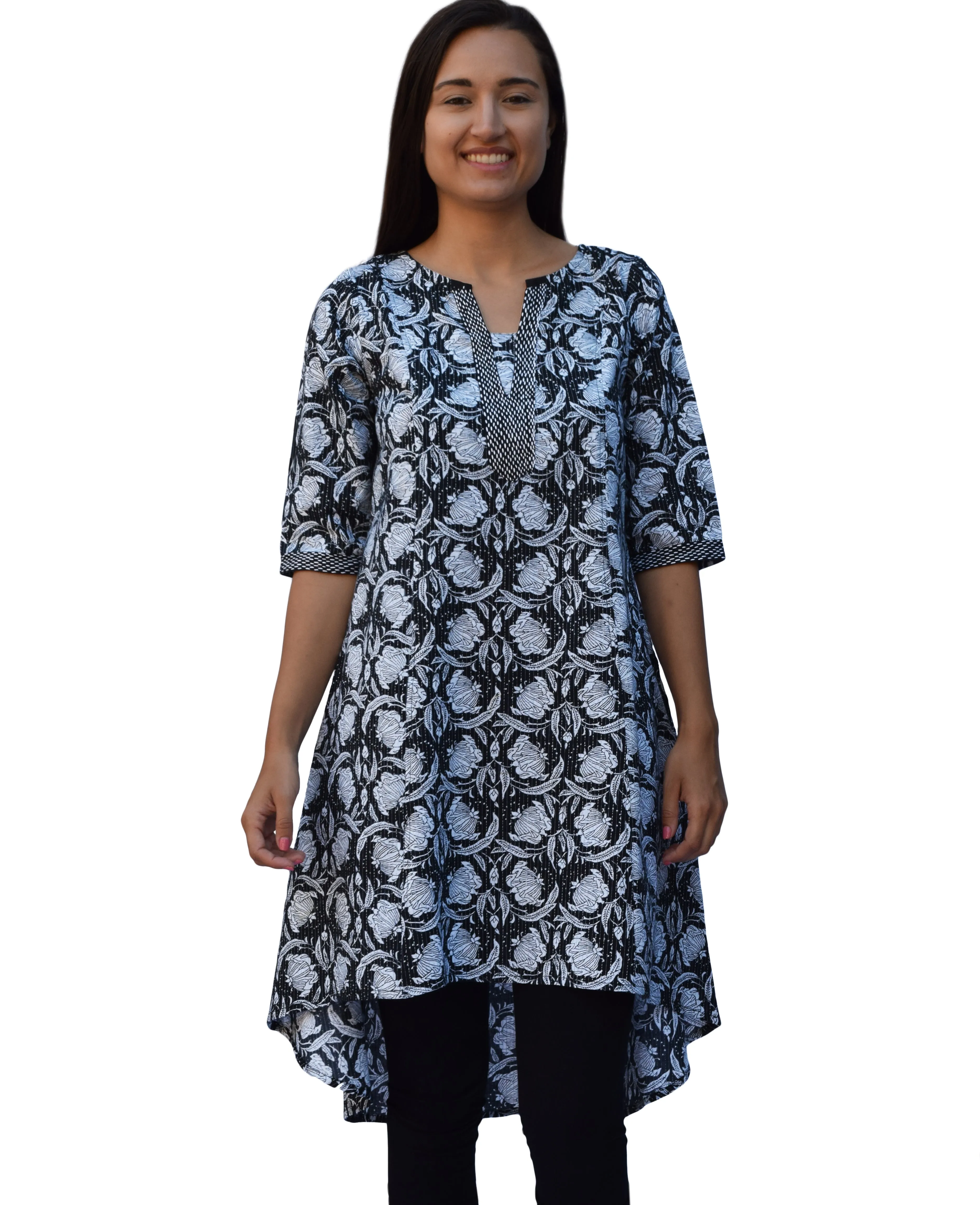 Ara Pure Cotton Embroidered Block Print Style Tunic with High Low Hem