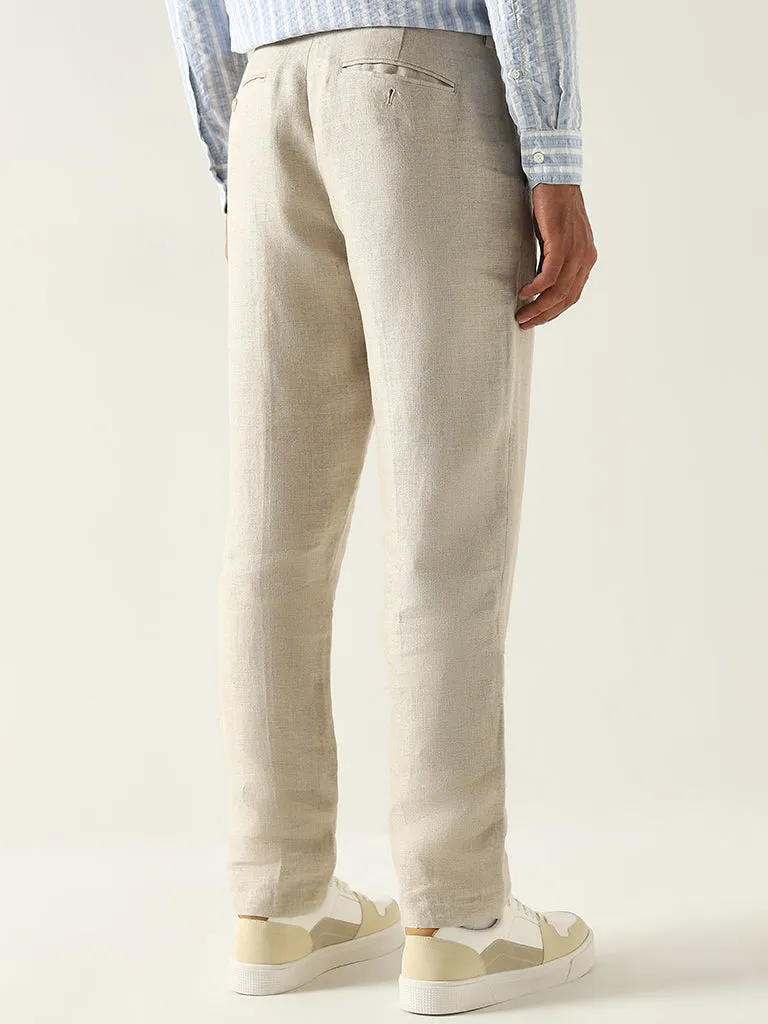 Ascot Solid Beige Mid Rise Relaxed Fit Linen Chinos