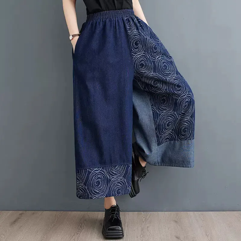 Babakud Women Two-Tone Denim Print Wide Legs Pants