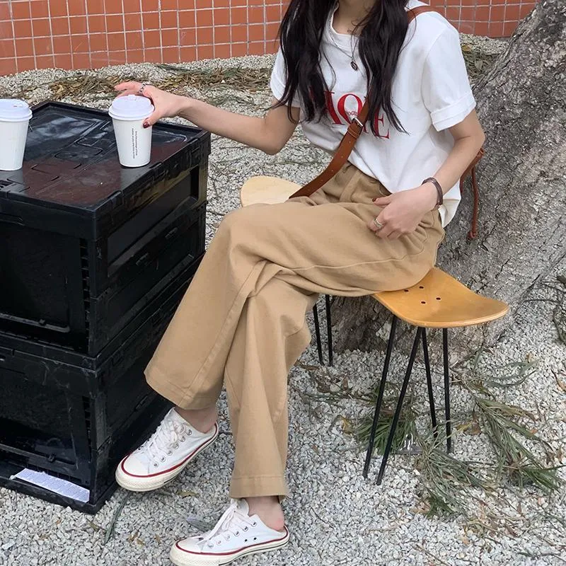 Beige Aesthetic Girl High Waist Loose Pants