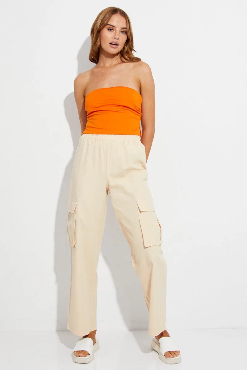 Beige Elastic Waist High Rise Wide Leg Cargo Pants