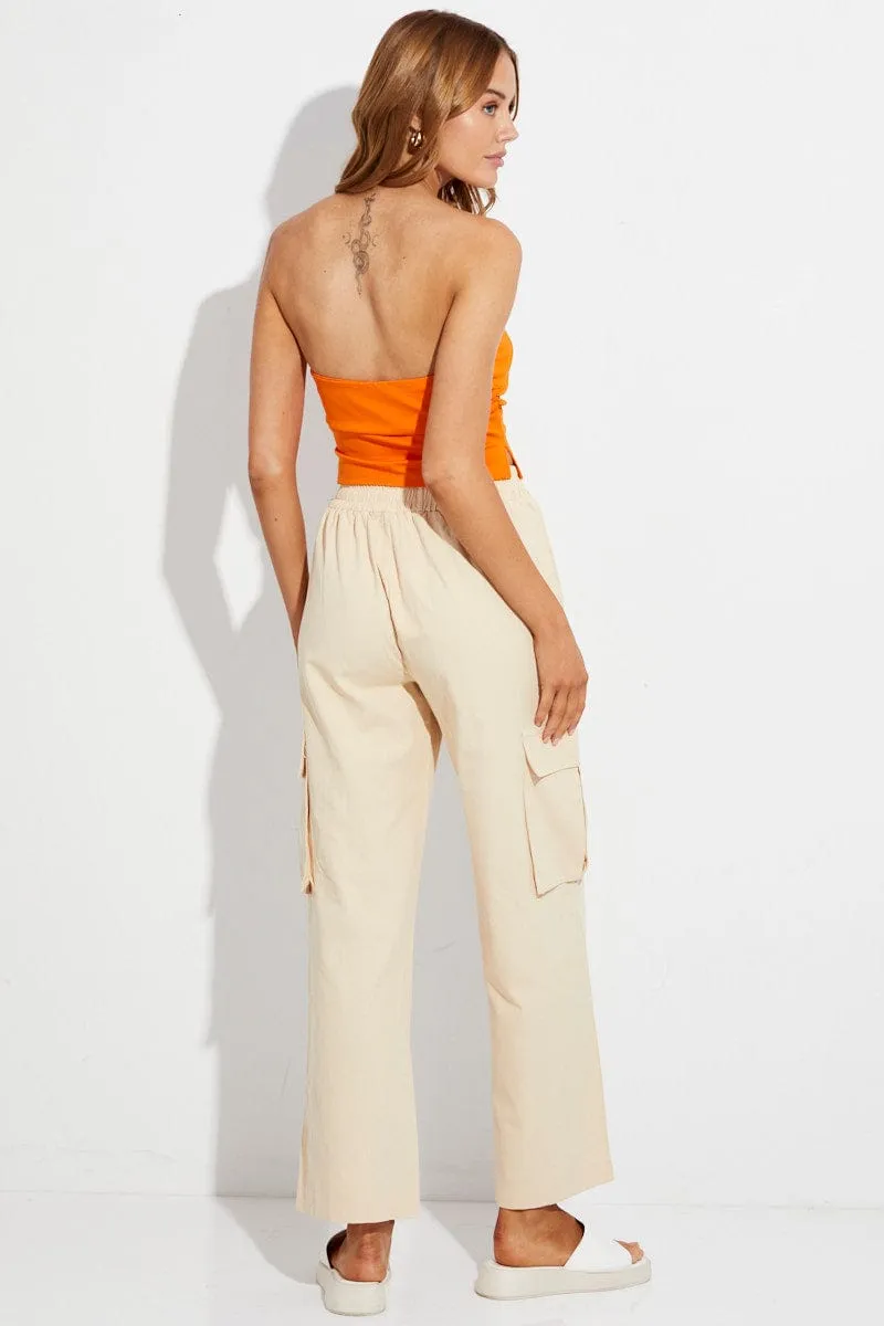 Beige Elastic Waist High Rise Wide Leg Cargo Pants