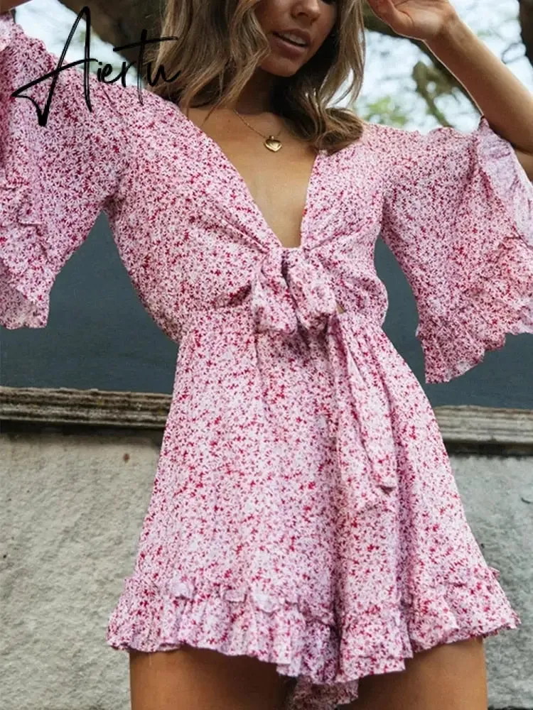 Bell Sleeve Floral Boho Playsuit Romper Spring Summer Women Beach Playsuit Elegant V Neck Pink Romper Women Fashion