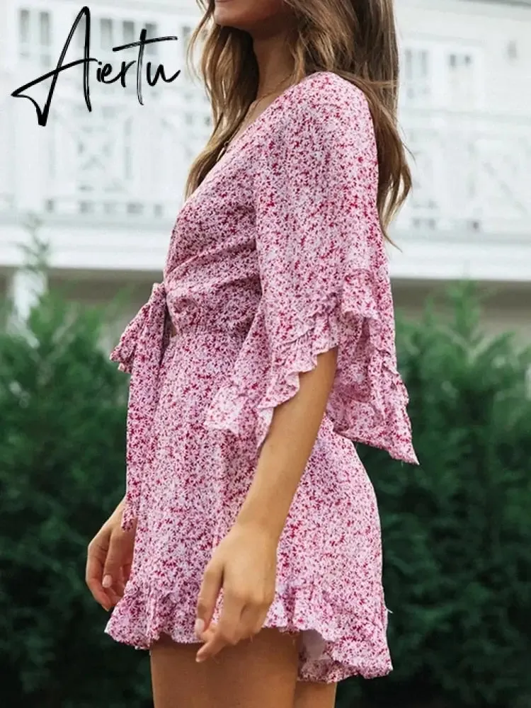 Bell Sleeve Floral Boho Playsuit Romper Spring Summer Women Beach Playsuit Elegant V Neck Pink Romper Women Fashion