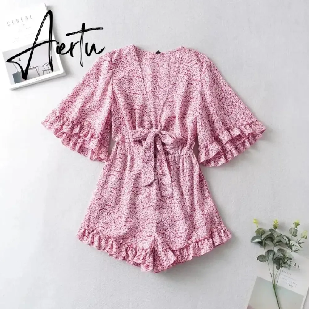 Bell Sleeve Floral Boho Playsuit Romper Spring Summer Women Beach Playsuit Elegant V Neck Pink Romper Women Fashion