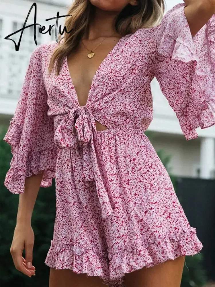 Bell Sleeve Floral Boho Playsuit Romper Spring Summer Women Beach Playsuit Elegant V Neck Pink Romper Women Fashion