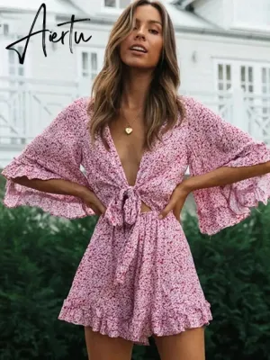 Bell Sleeve Floral Boho Playsuit Romper Spring Summer Women Beach Playsuit Elegant V Neck Pink Romper Women Fashion