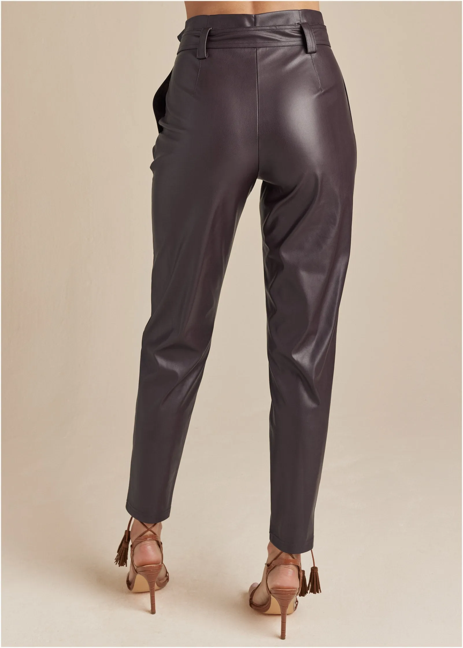 Belted Faux-Leather Pants - Dark Brown