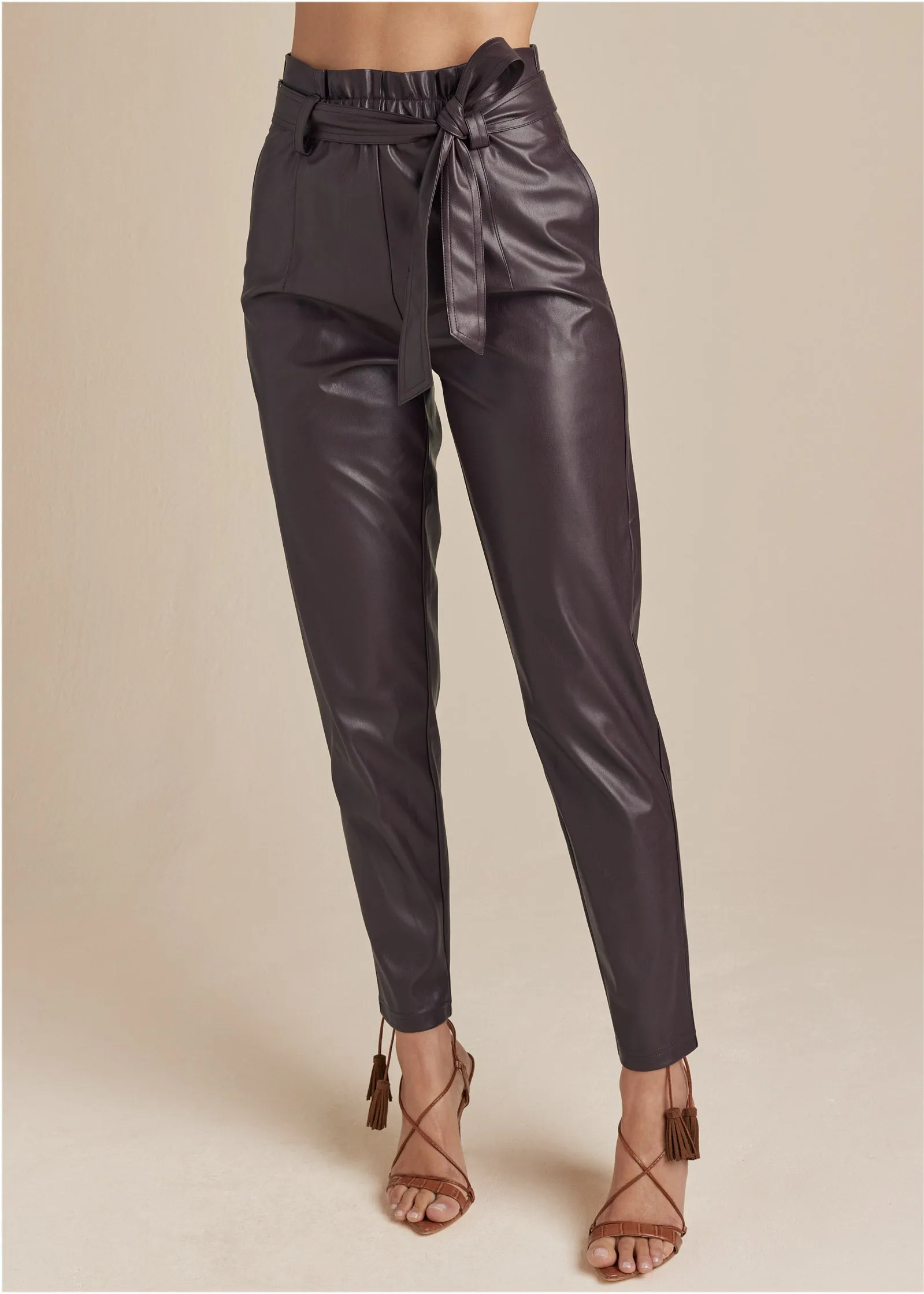 Belted Faux-Leather Pants - Dark Brown