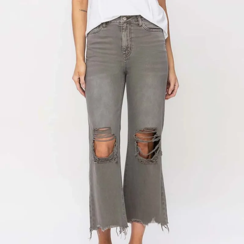 Billie 90's Distressed Vintage Crop Jeans in Washed Olive