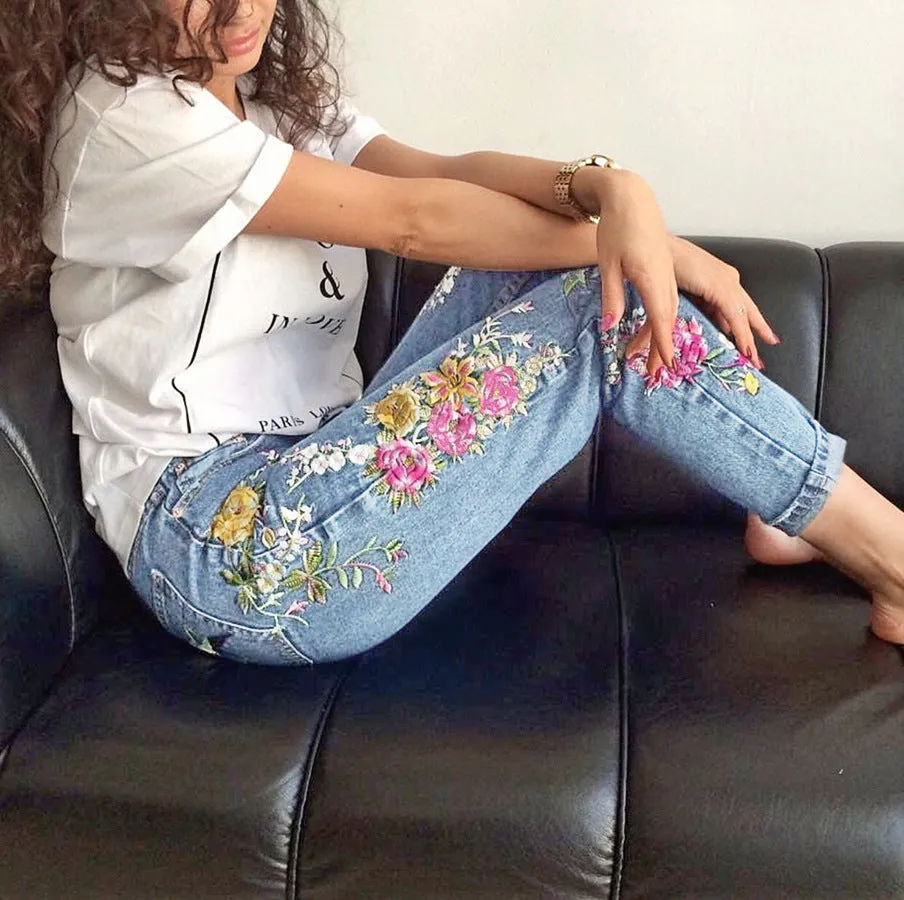 Bird Flower Straight Embroidery Jeans