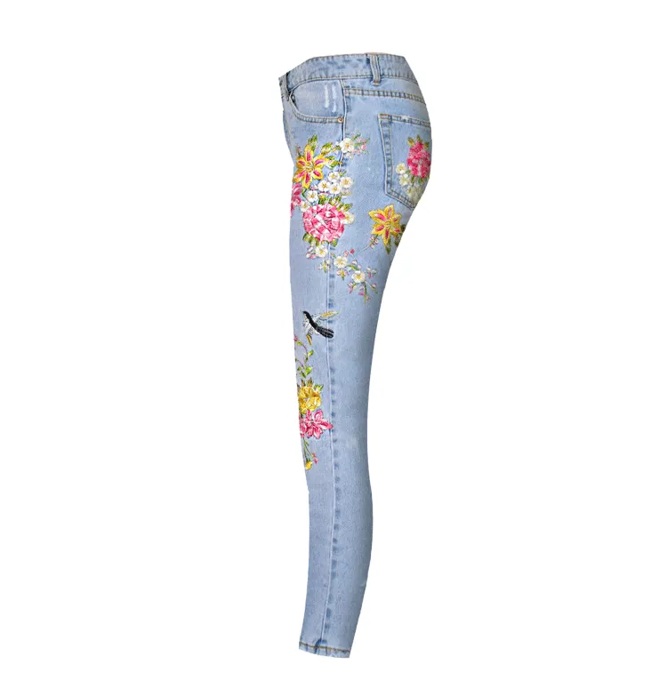 Bird Flower Straight Embroidery Jeans