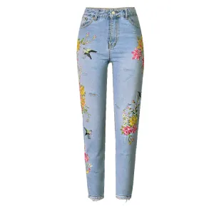 Bird Flower Straight Embroidery Jeans