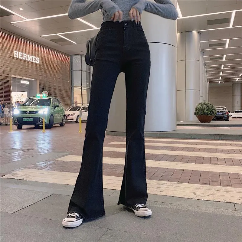 Black Blue Retro Slim Flared High Waist Denim Pants