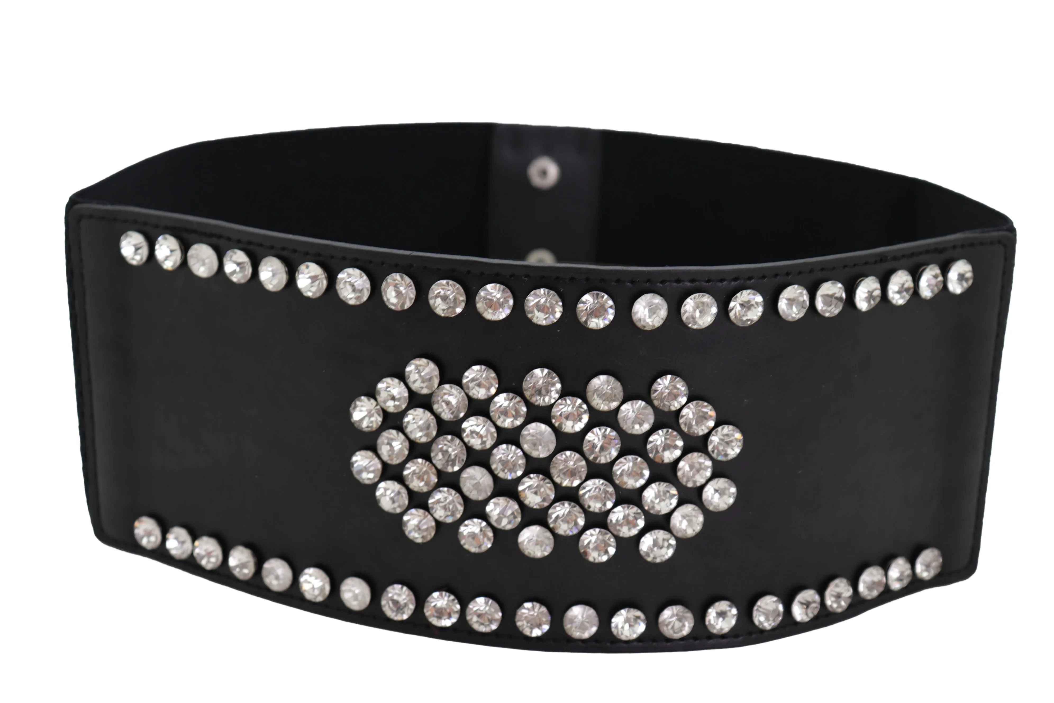 Black Color Elastic Wide Band Fashion Belt Silver Bling Shield Size M L