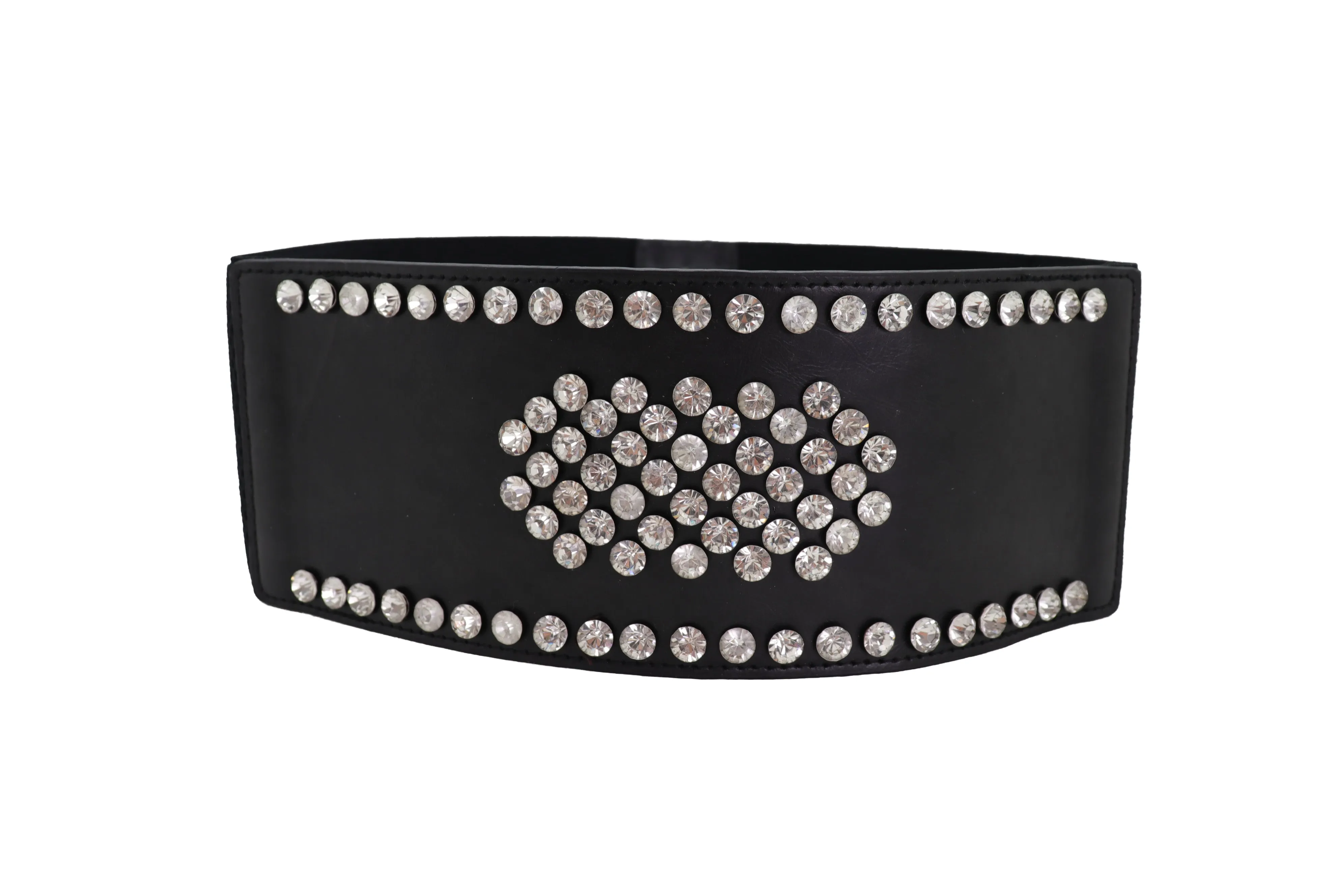 Black Color Elastic Wide Band Fashion Belt Silver Bling Shield Size M L