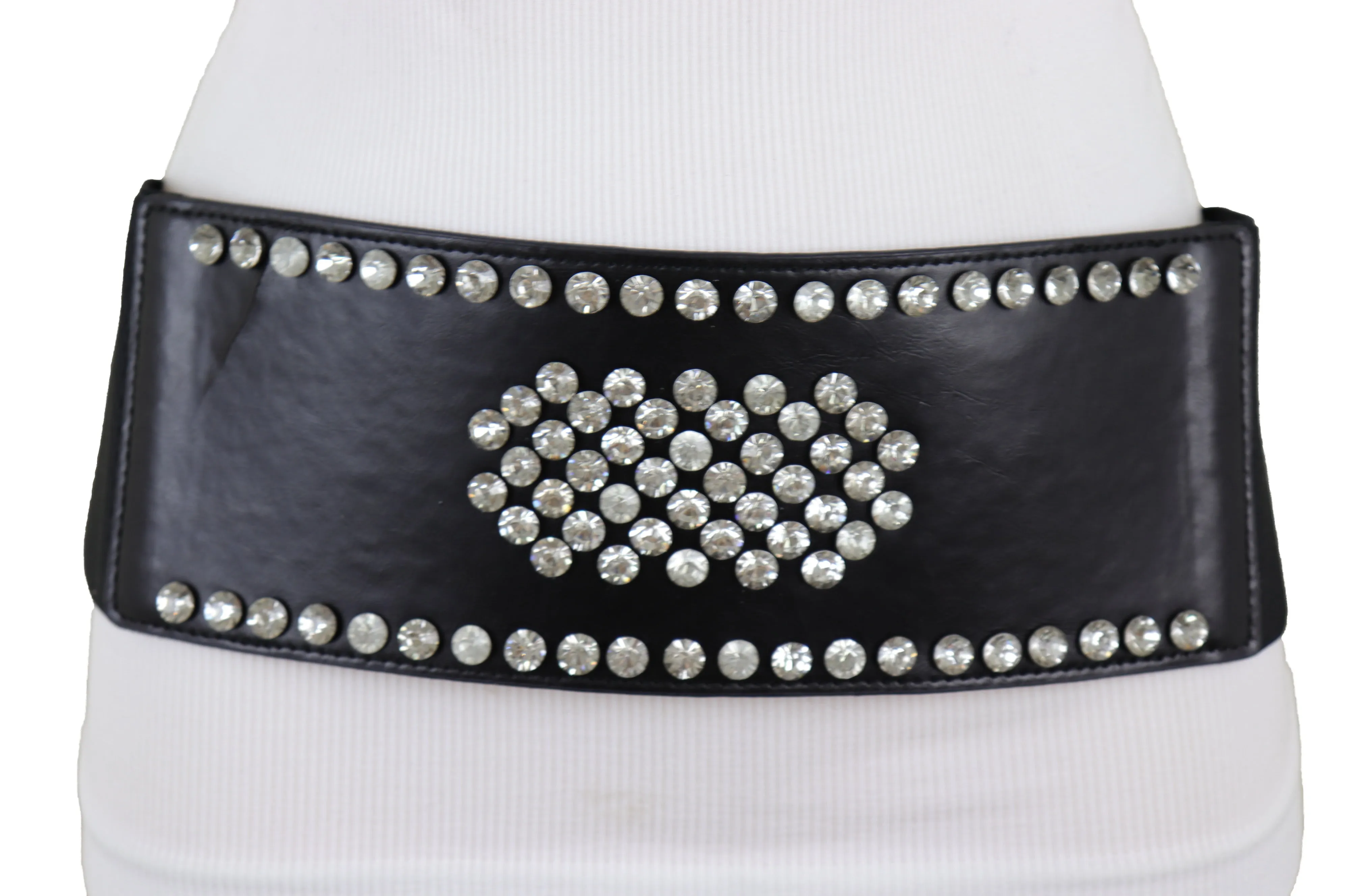 Black Color Elastic Wide Band Fashion Belt Silver Bling Shield Size M L