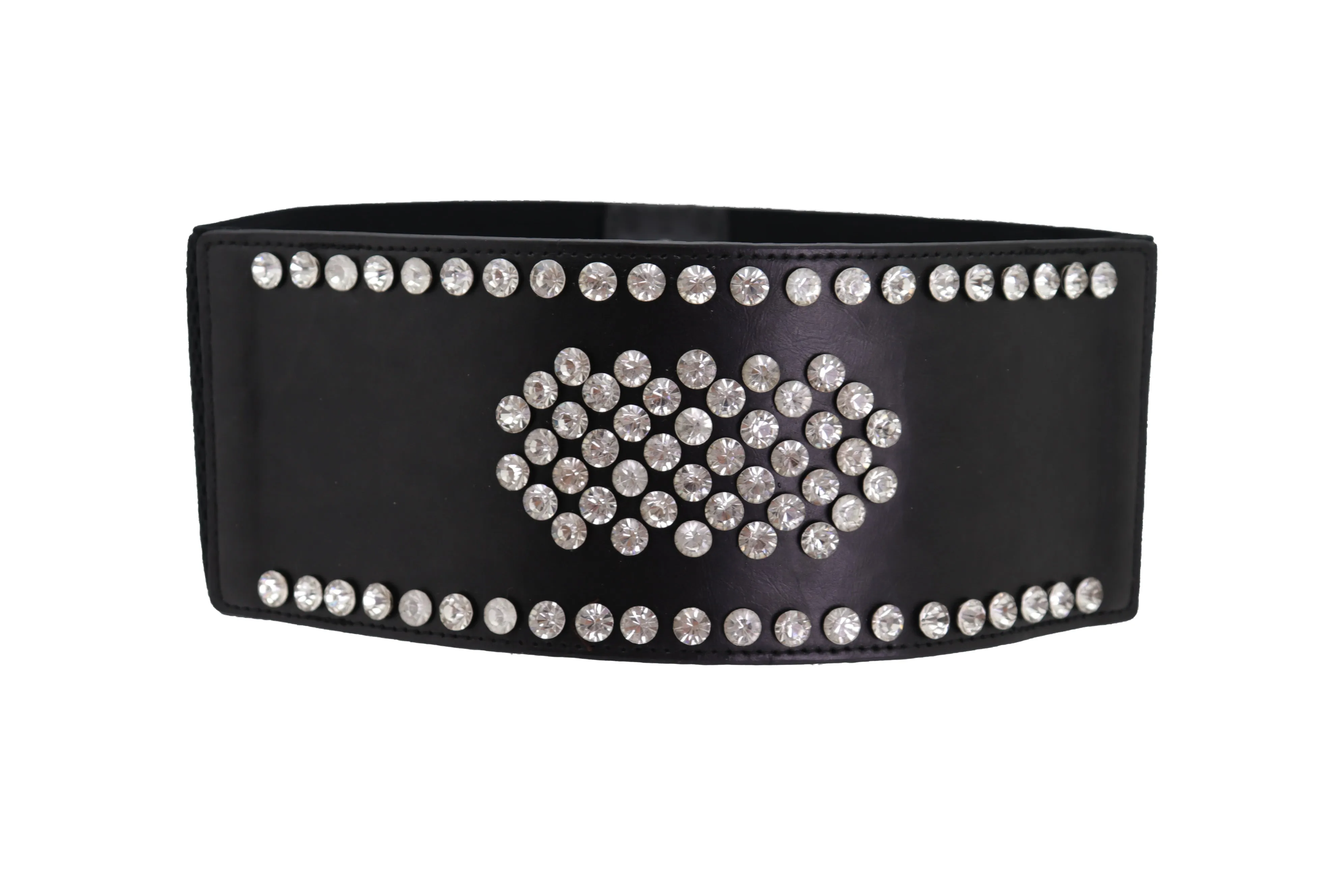 Black Color Elastic Wide Band Fashion Belt Silver Bling Shield Size M L