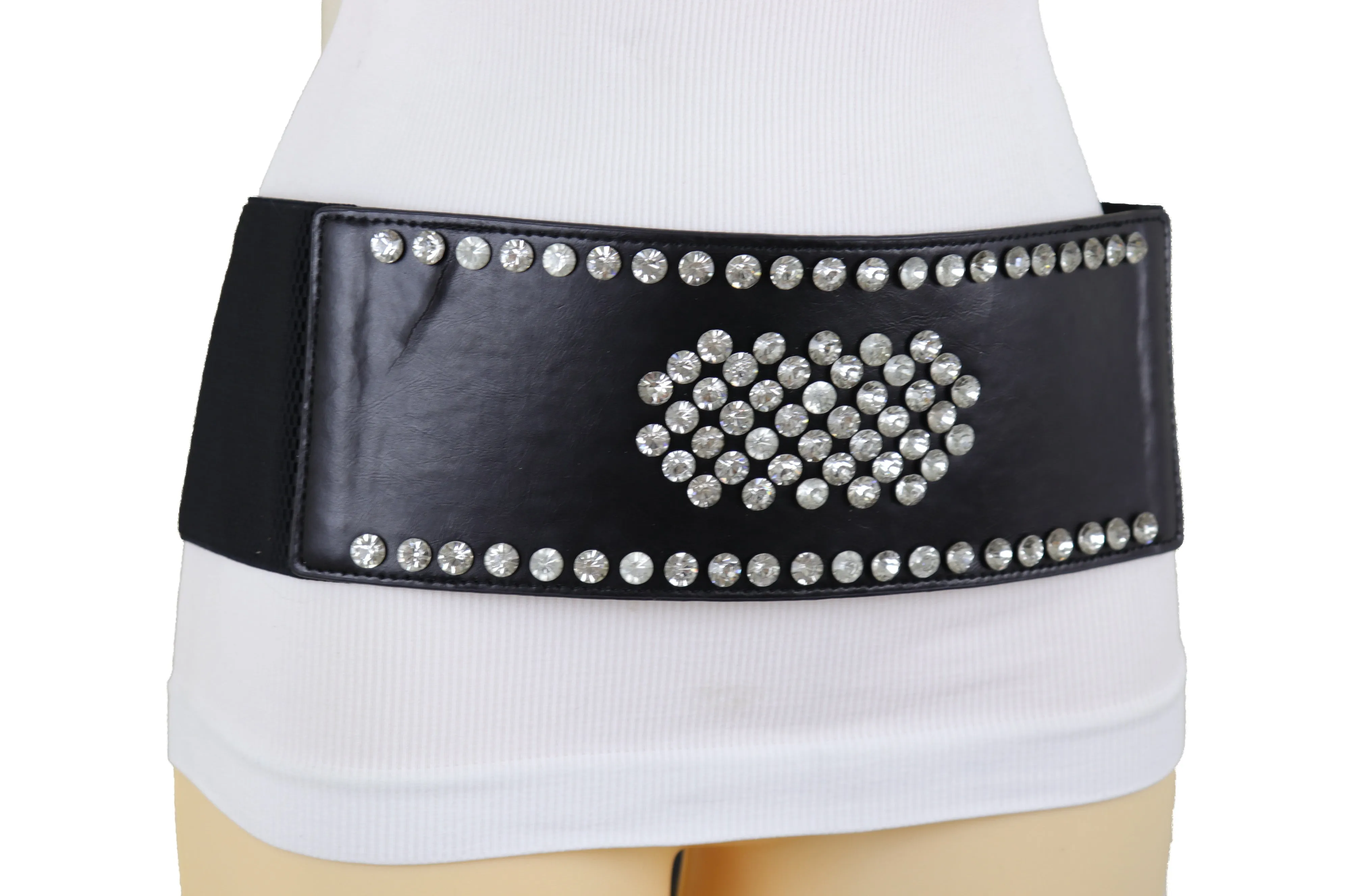 Black Color Elastic Wide Band Fashion Belt Silver Bling Shield Size M L