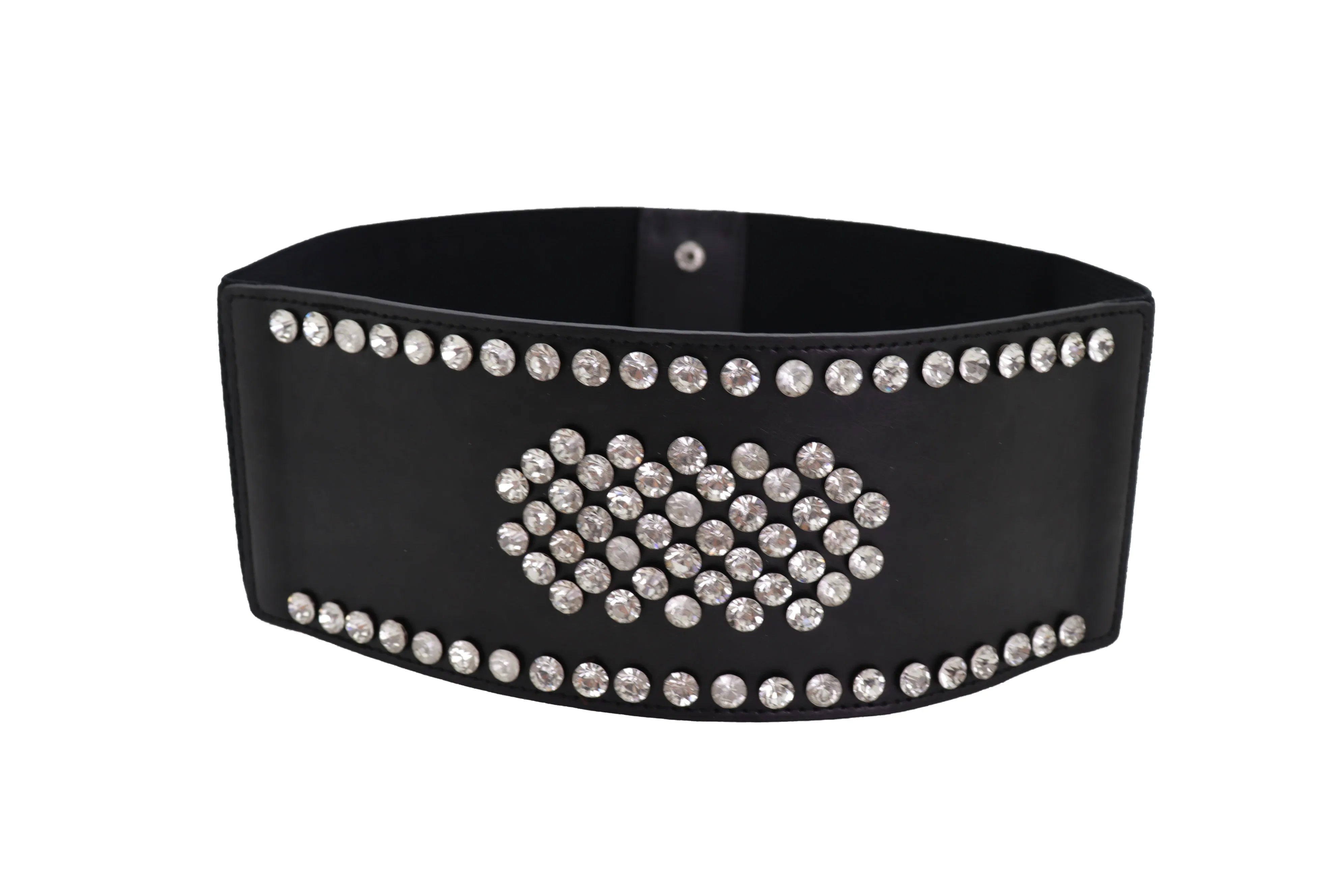 Black Color Elastic Wide Band Fashion Belt Silver Bling Shield Size M L