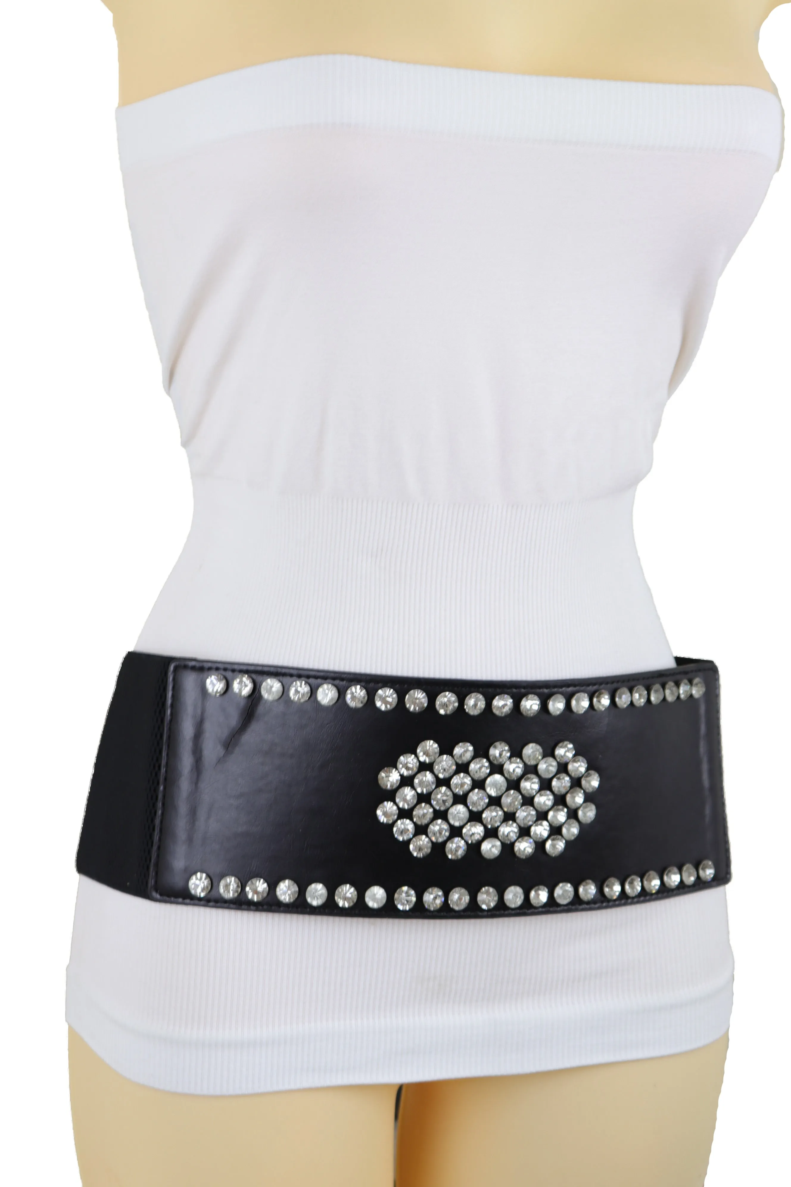 Black Color Elastic Wide Band Fashion Belt Silver Bling Shield Size M L