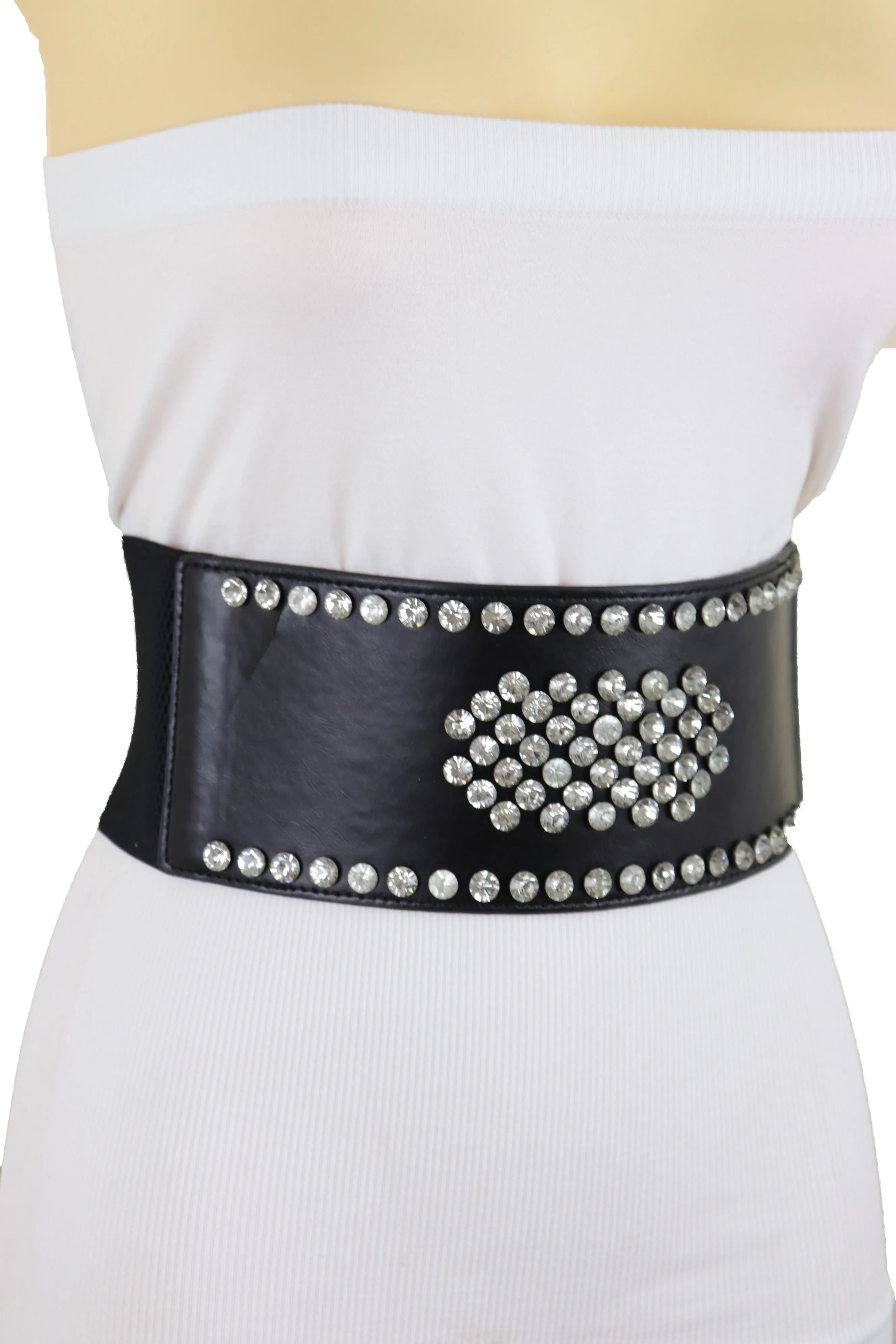 Black Color Elastic Wide Band Fashion Belt Silver Bling Shield Size M L