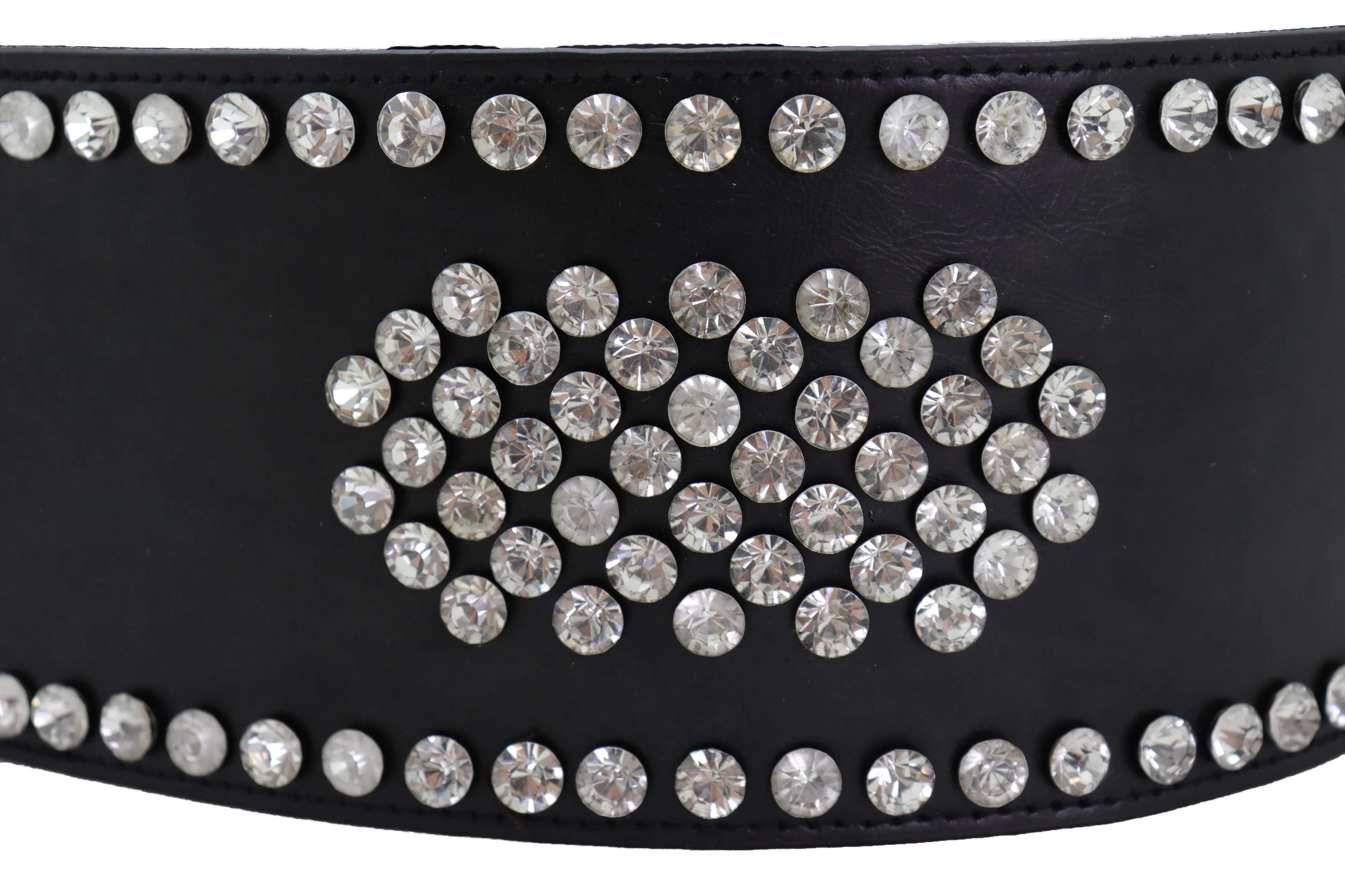 Black Color Elastic Wide Band Fashion Belt Silver Bling Shield Size M L