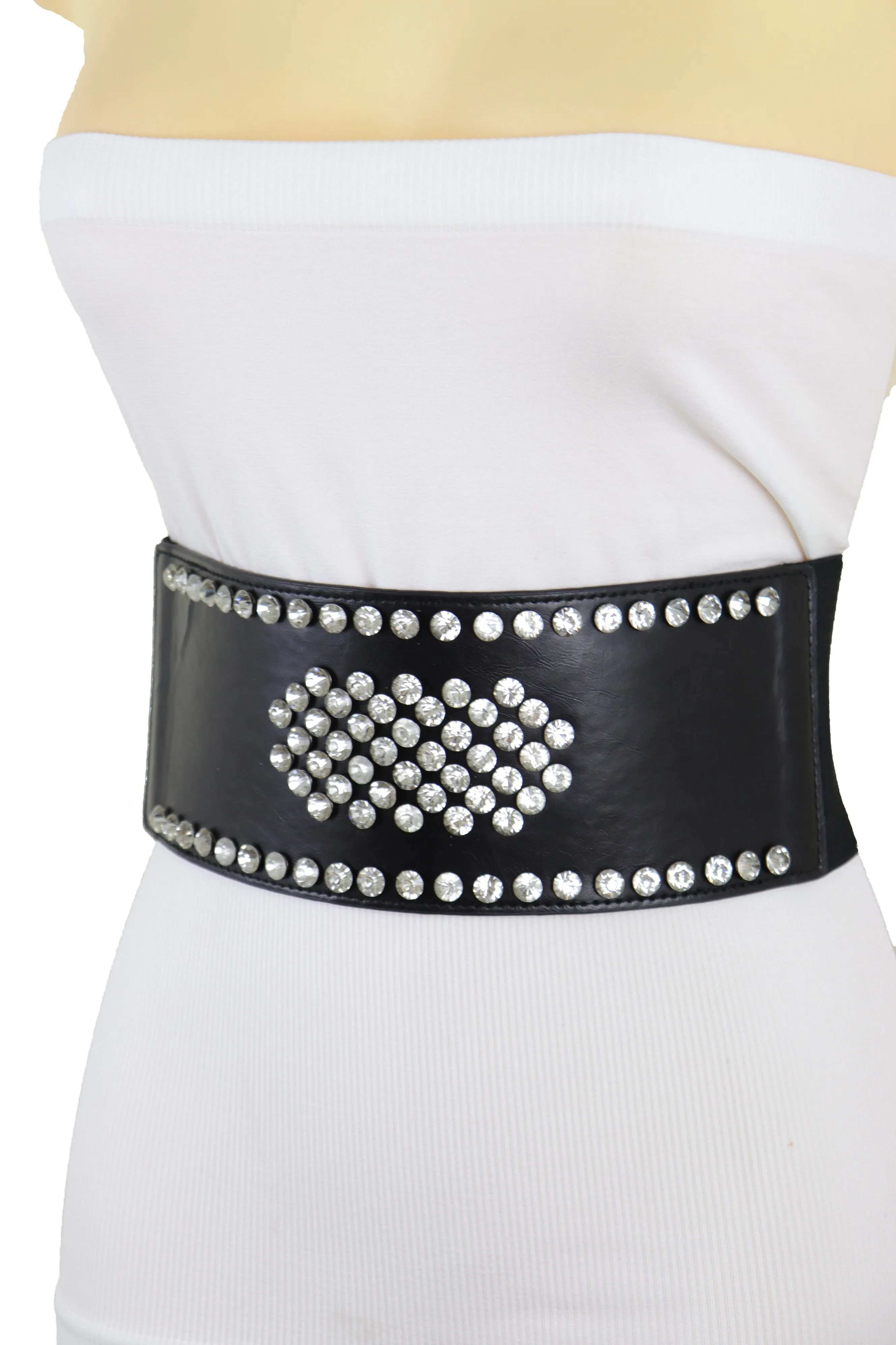 Black Color Elastic Wide Band Fashion Belt Silver Bling Shield Size M L