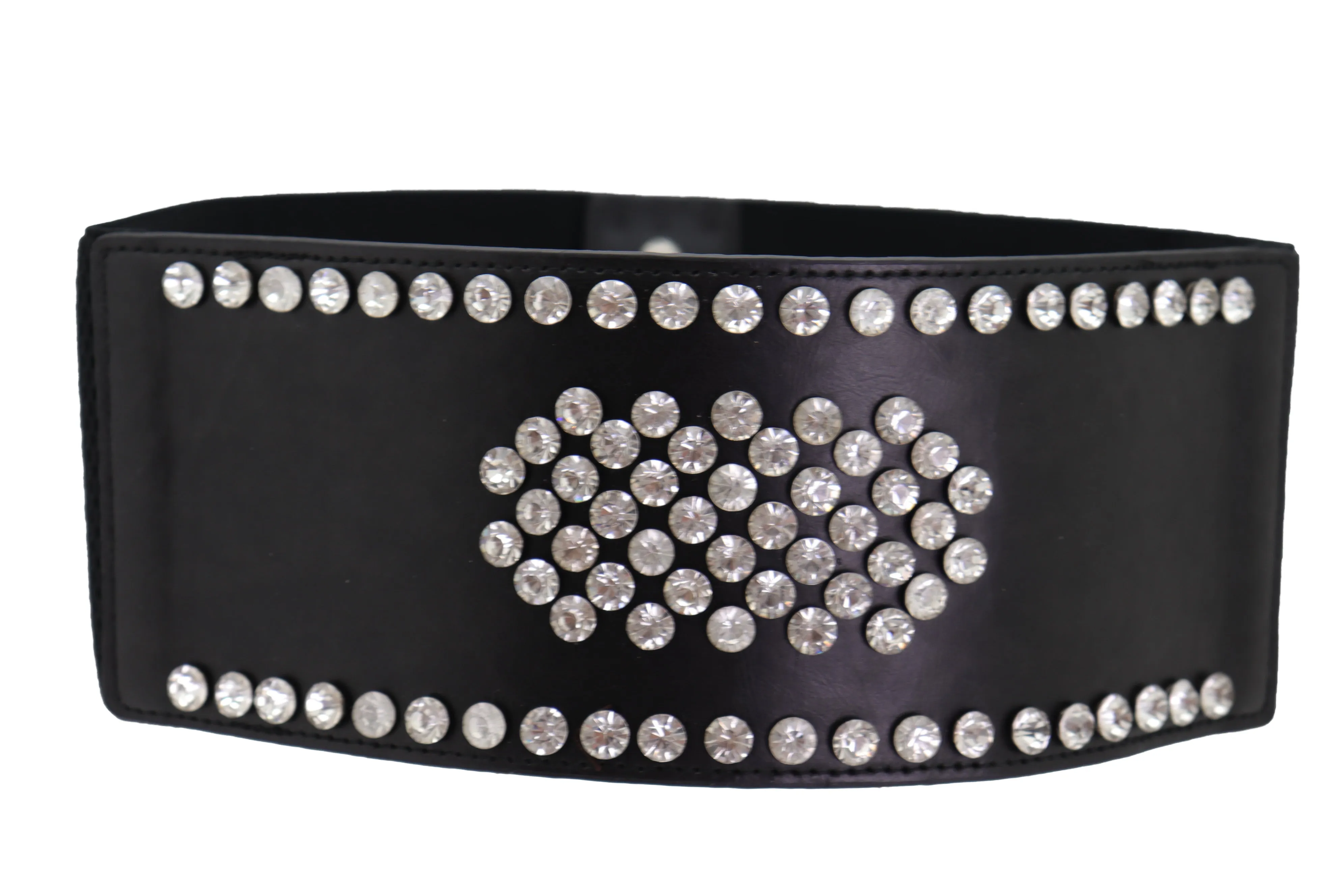 Black Color Elastic Wide Band Fashion Belt Silver Bling Shield Size M L